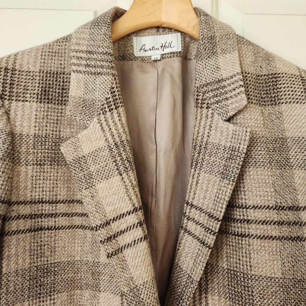 Austin Hill Beige Brown Plaid 100% Wool Blazer Jacket Preppy Winter Work Office - Picture 3 of 12
